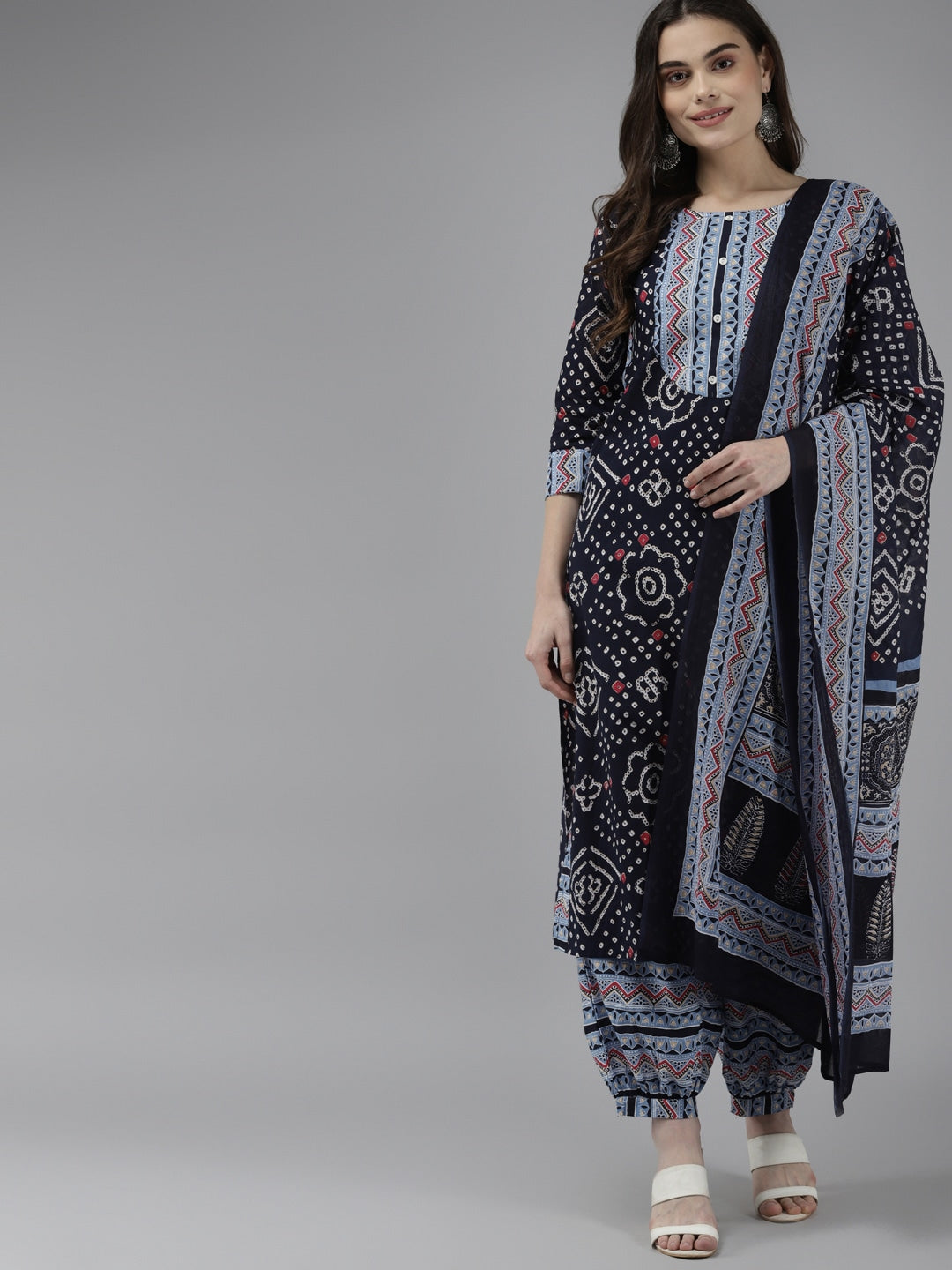 Blue & White Bandhani Printed Dupatta Set-Yufta Store-9486SKDBLS