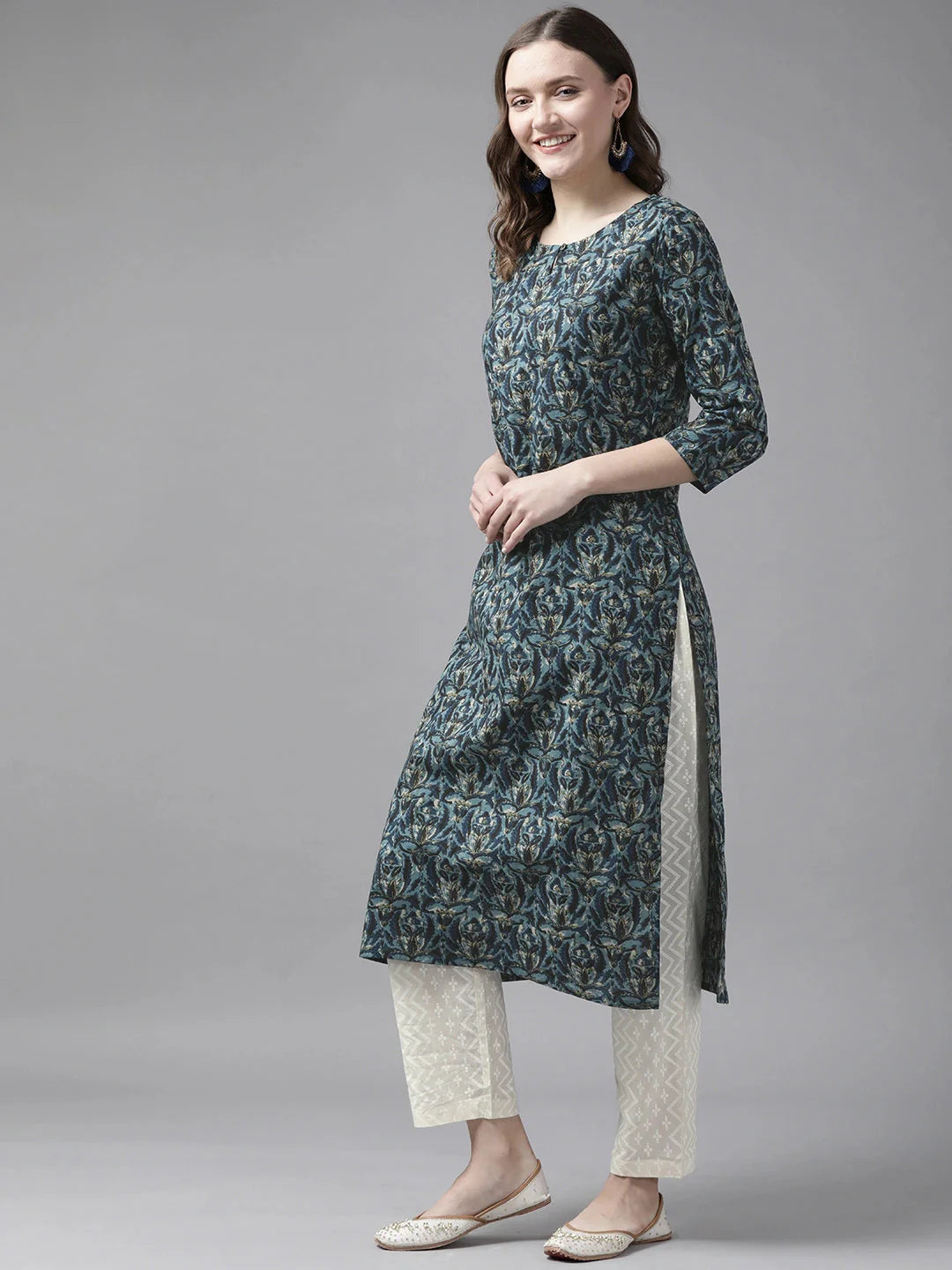 Blue & White Ethnic Printed Kurta Set-Yufta Store-9323SETBLS