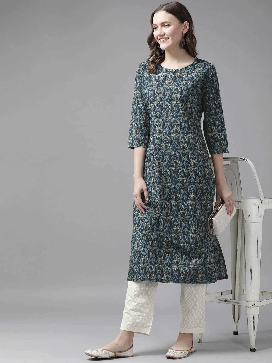 Blue & White Ethnic Printed Kurta Set-Yufta Store-9323SETBLS