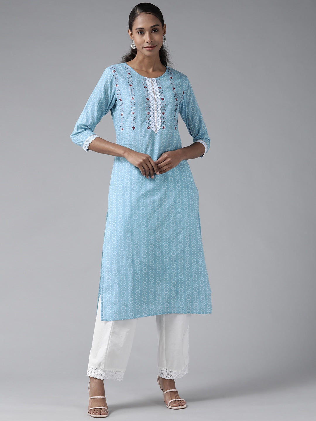 Blue & White Ethnic Printed Kurta-Yufta Store-9501KURBLS