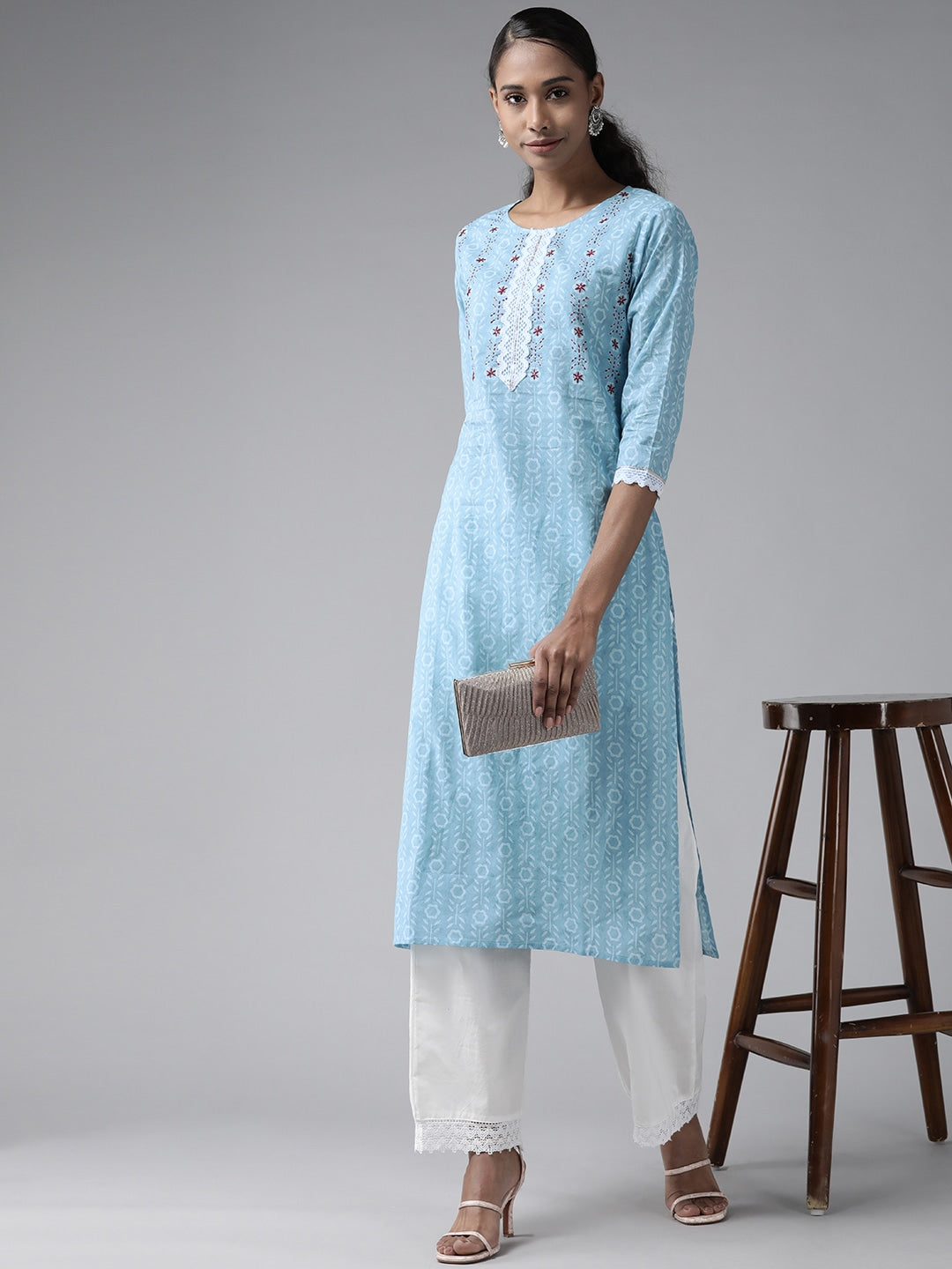 Blue & White Ethnic Printed Kurta-Yufta Store-9501KURBLS