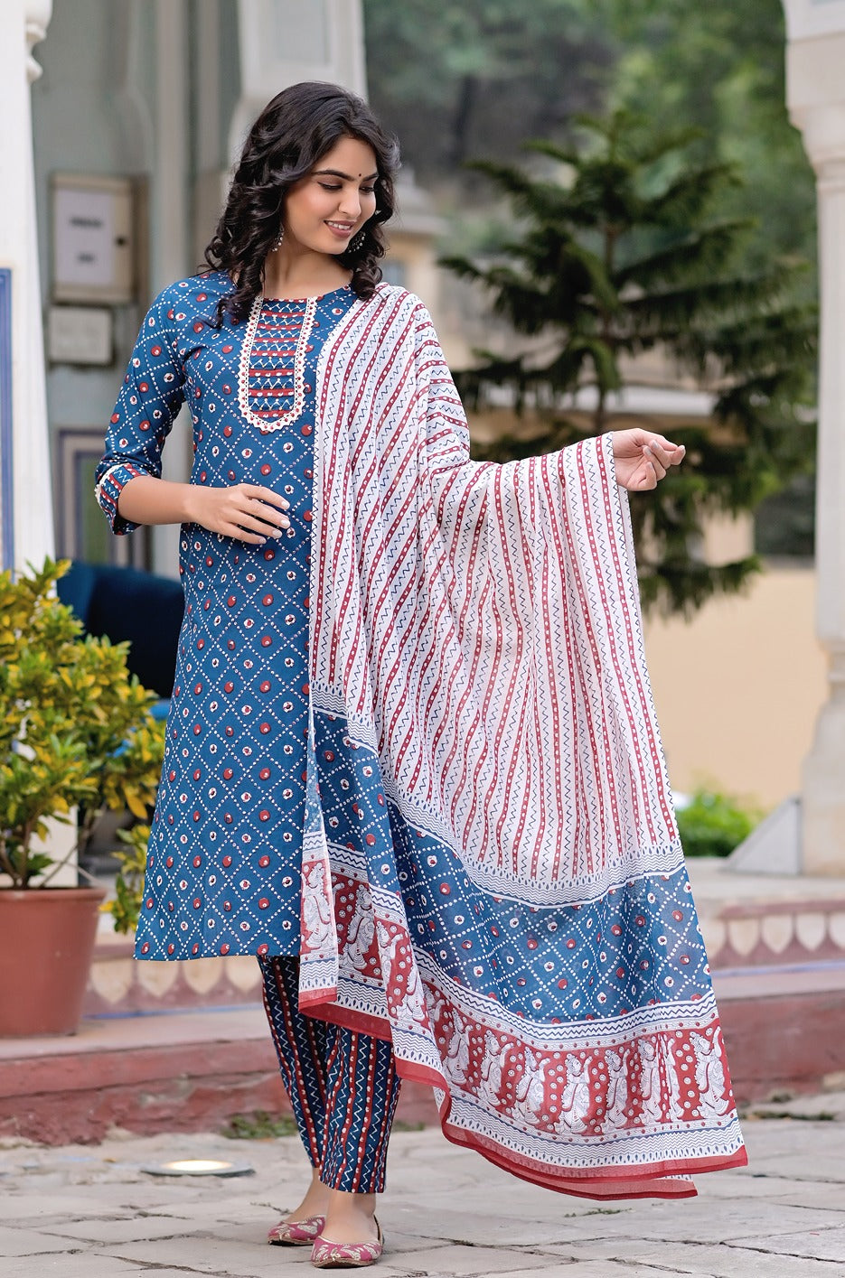 Blue & White Geometric Printed Dupatta Set-Yufta Store-9452SKDBLS