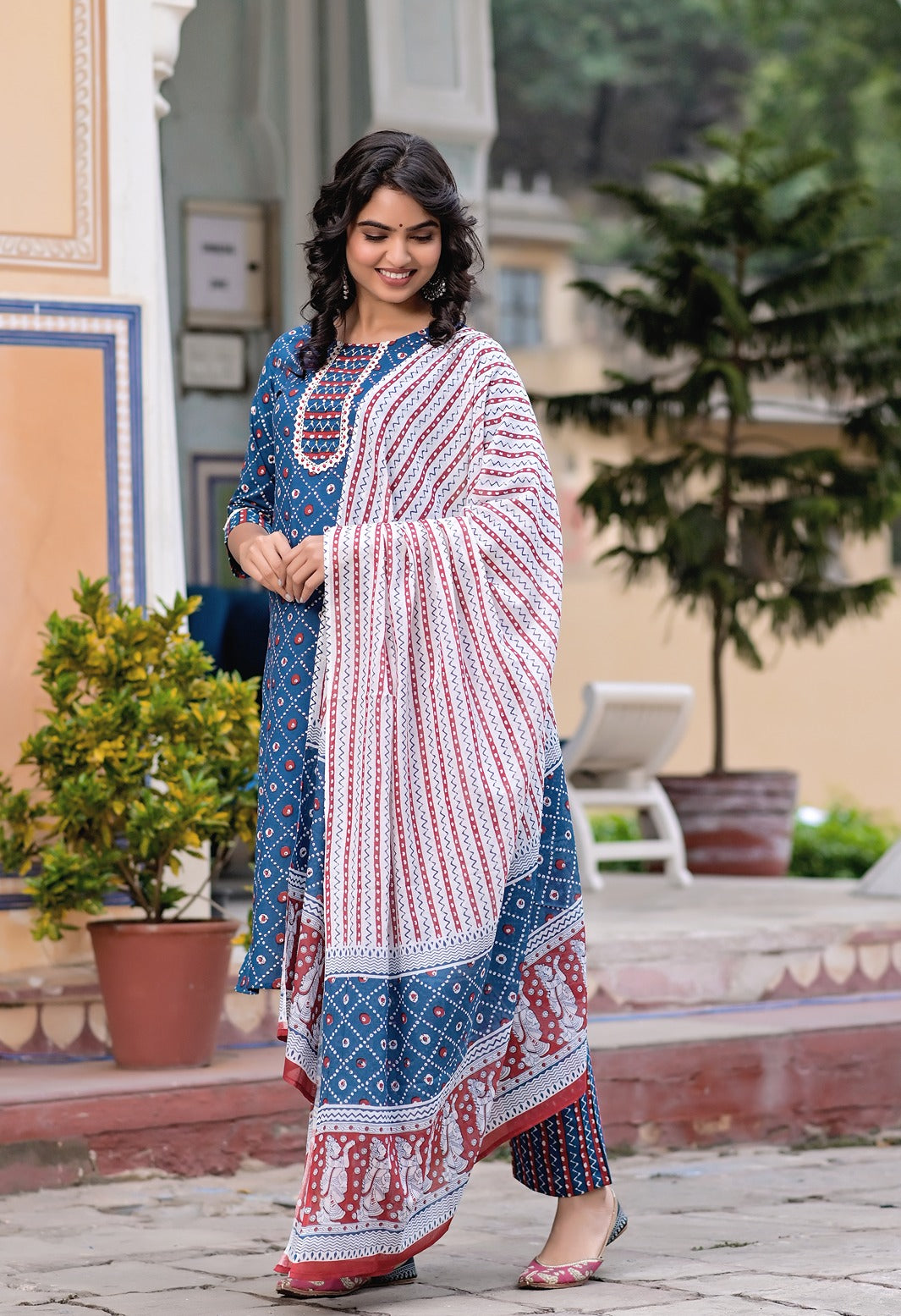 Blue & White Geometric Printed Dupatta Set-Yufta Store-9452SKDBLS