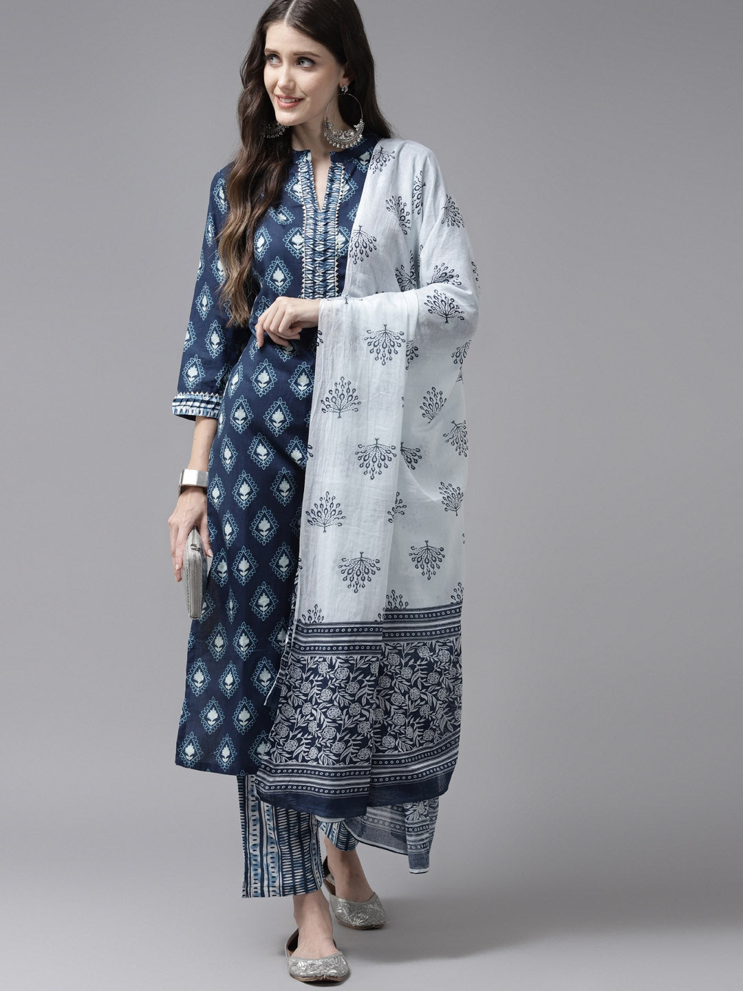 Blue & White Printed Dupatta Set-Yufta Store-9097SKDBLS