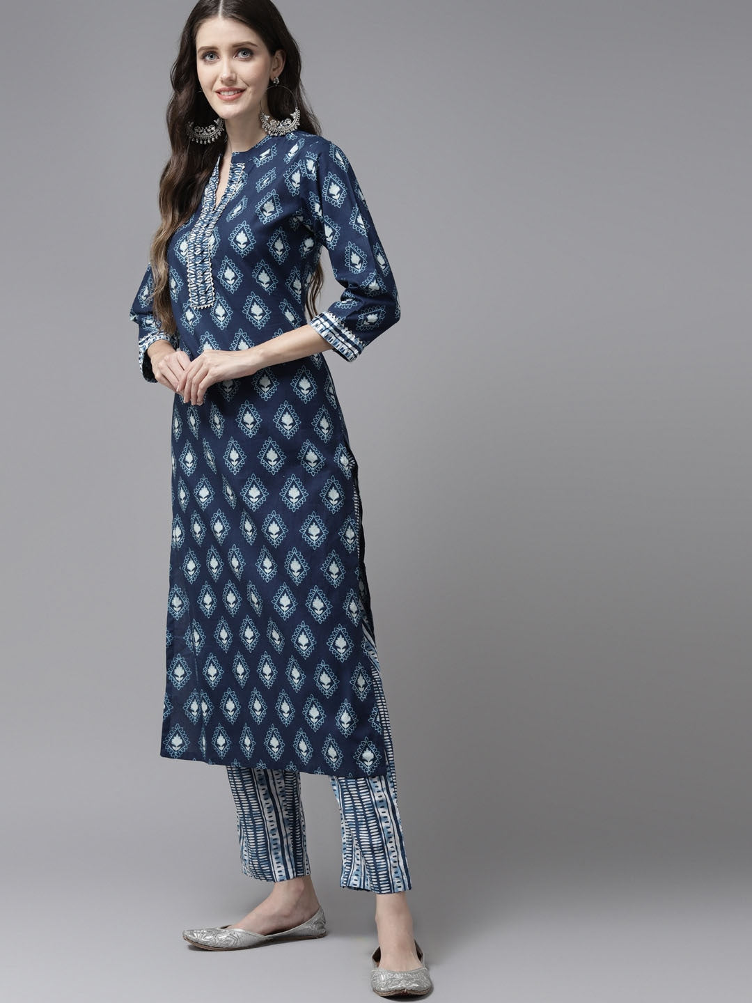 Blue & White Printed Dupatta Set-Yufta Store-9097SKDBLS