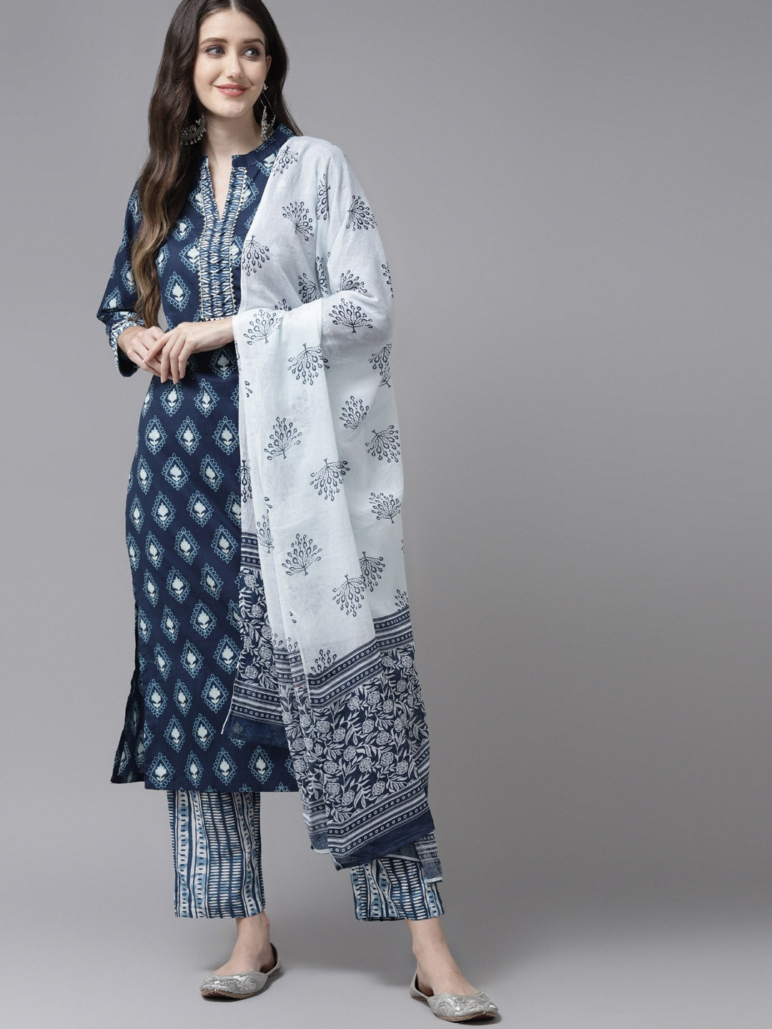 Blue & White Printed Dupatta Set-Yufta Store-9097SKDBLS