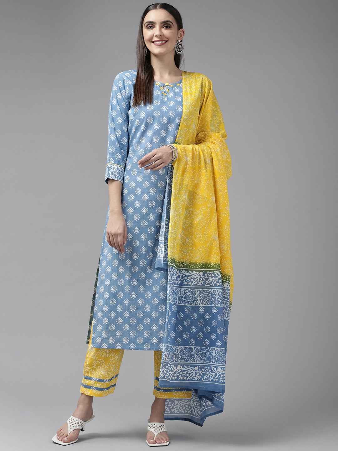 Blue & Yellow Ethnic Printed Dupatta Set-Yufta Store-9424SKDBLS