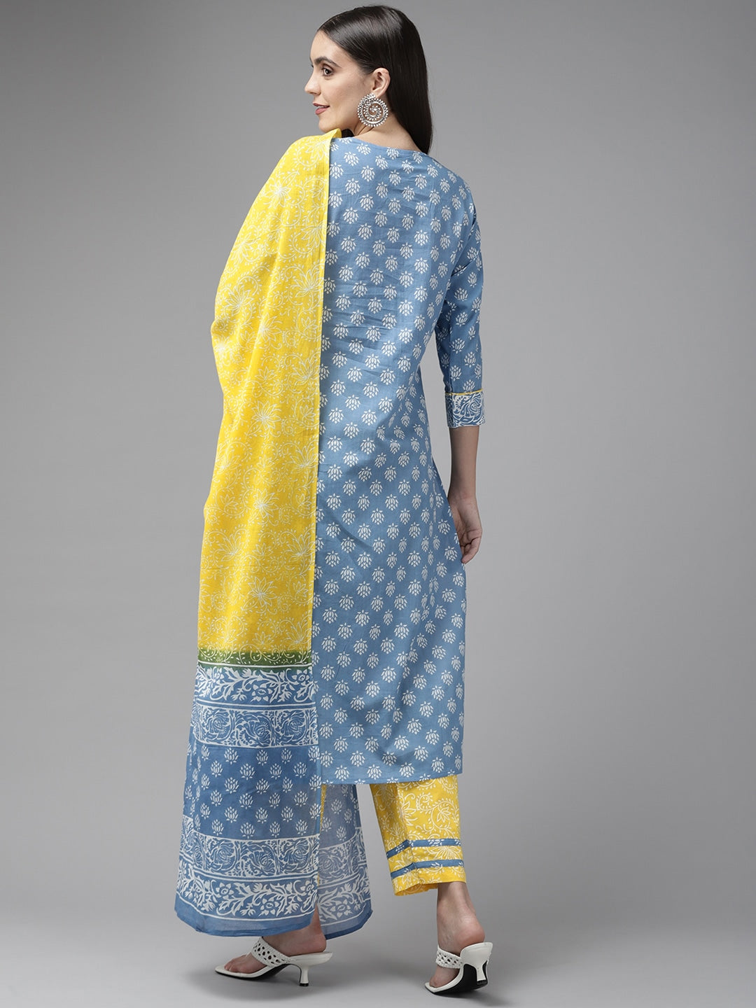 Blue & Yellow Ethnic Printed Dupatta Set-Yufta Store-9424SKDBLS