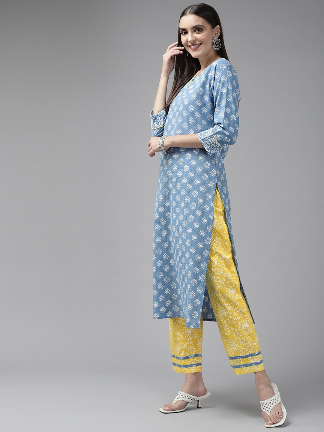 Blue & Yellow Ethnic Printed Dupatta Set-Yufta Store-9424SKDBLS