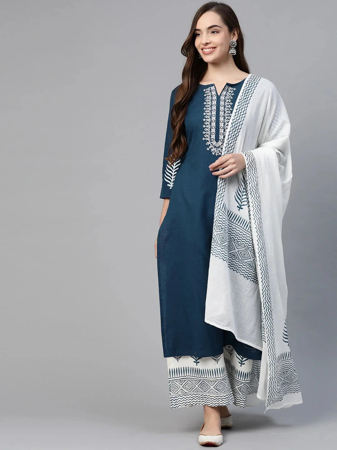 Blue and White Straight Dupatta Set-Yufta Store-7490SETBLS