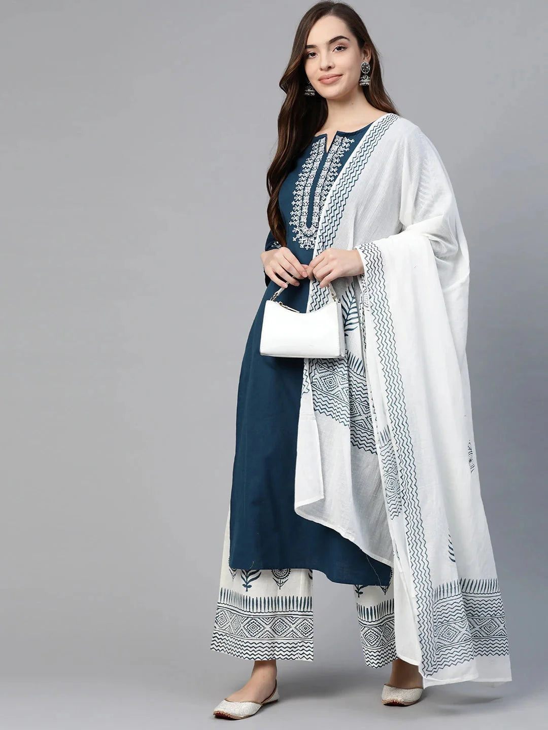 Blue and White Straight Dupatta Set-Yufta Store-7490SETBLS