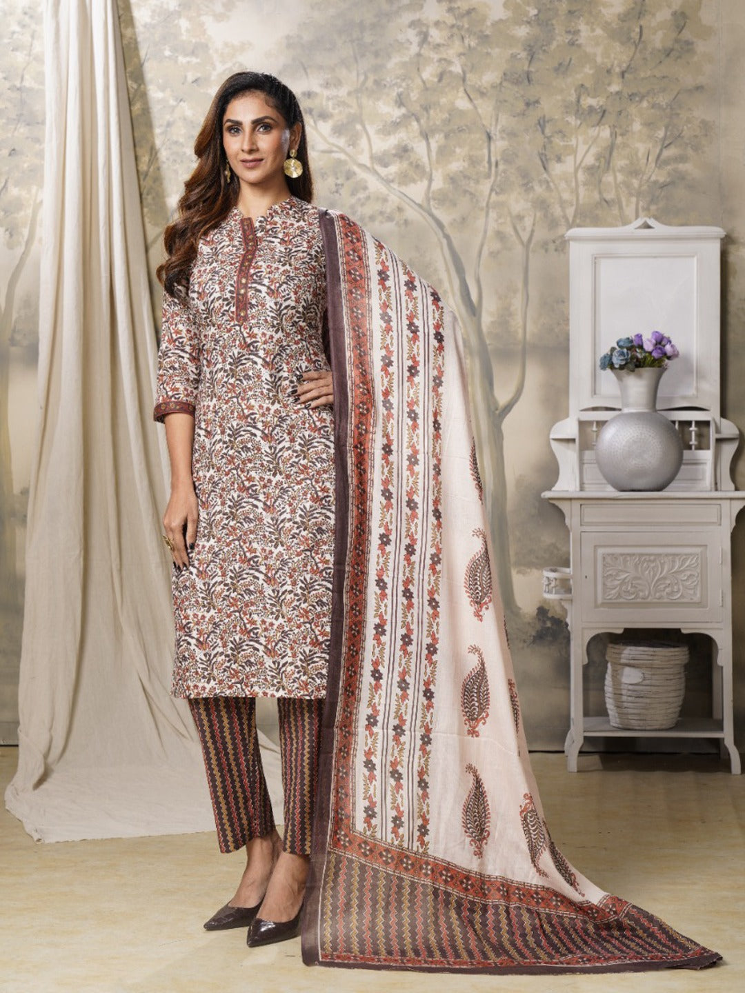 Brown Ethnic Motifs Printed Dupatta Set-Yufta Store-9991SKDBRS