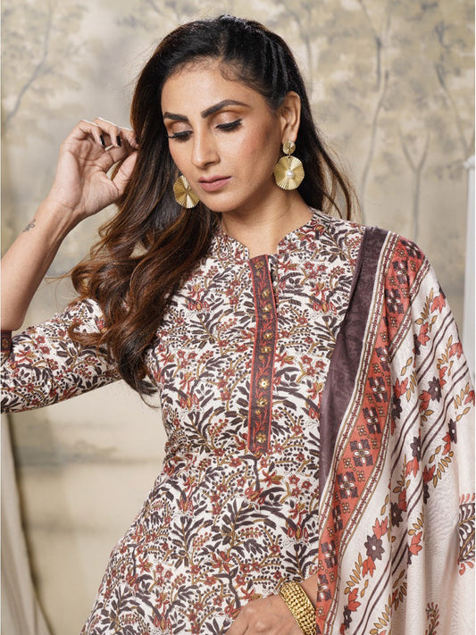 Brown Ethnic Motifs Printed Dupatta Set-Yufta Store-9991SKDBRS