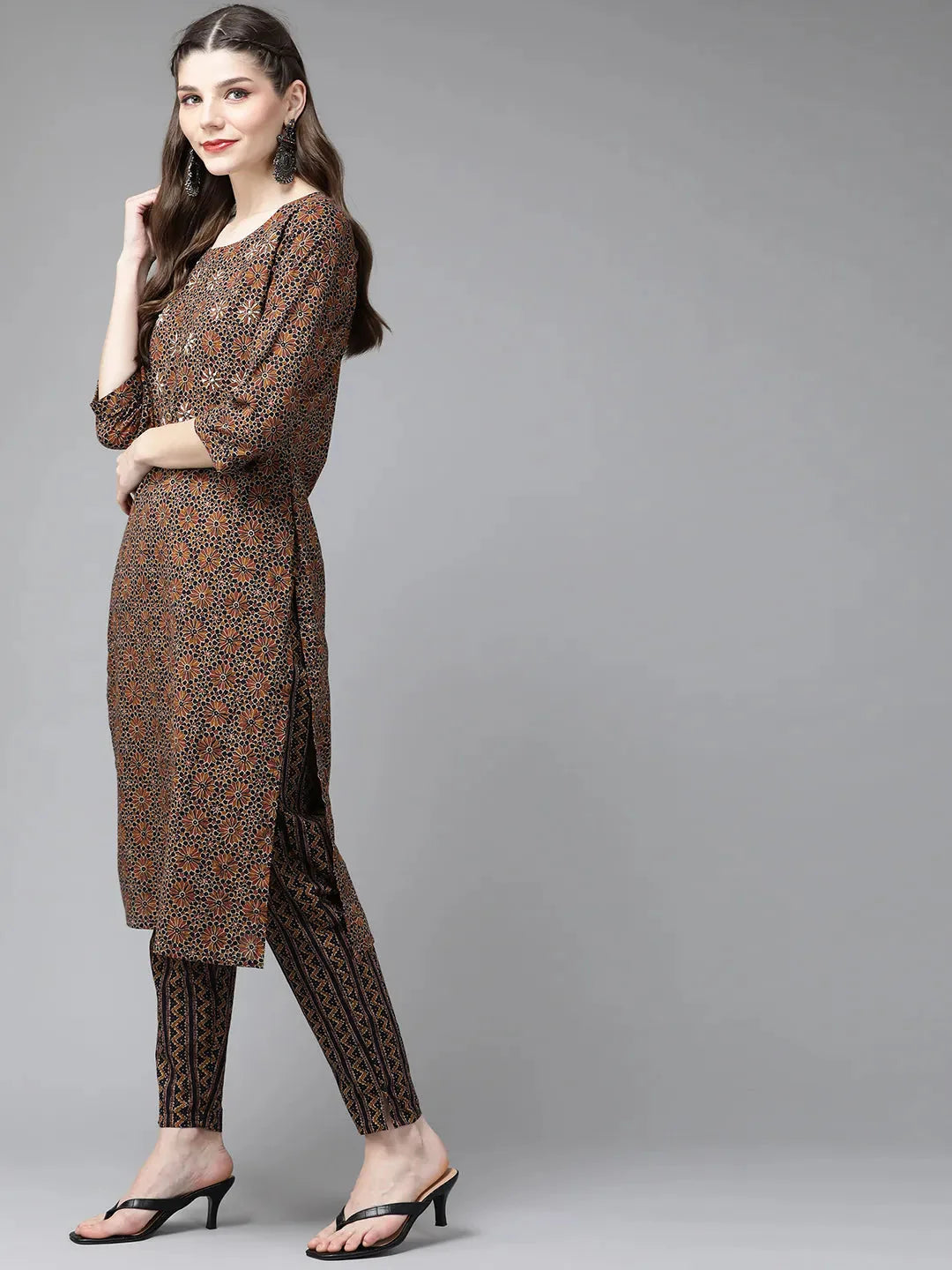 Brown Ethnic Printed Kurta Set