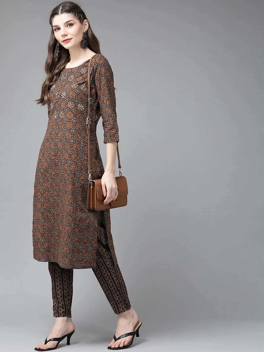 Brown Ethnic Printed Kurta Set