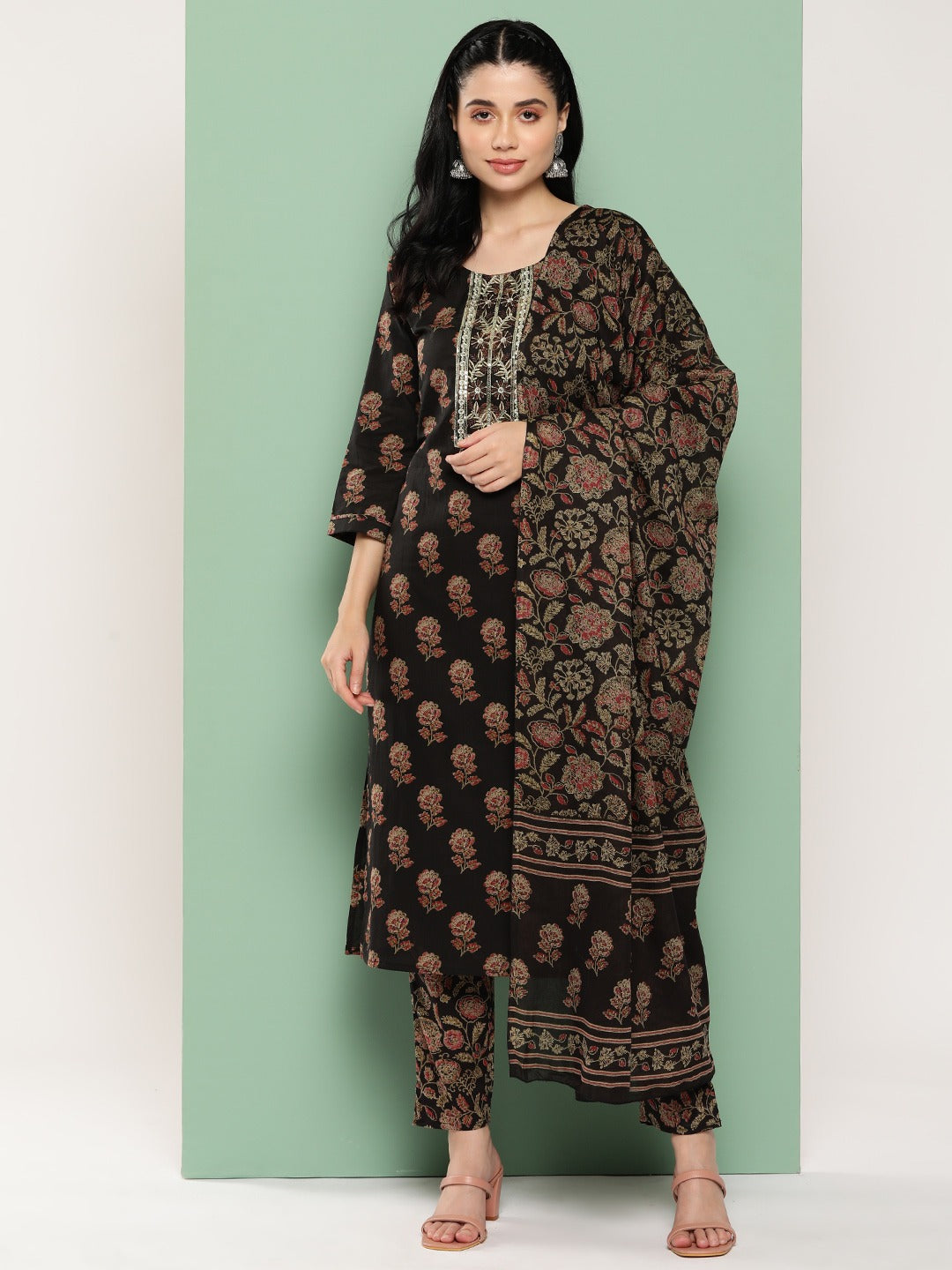 Brown Floral Embroidered Gotta Patti Pure Cotton Kurta with Trousers & Dupatta Set-Yufta Store-1447SKDBRS