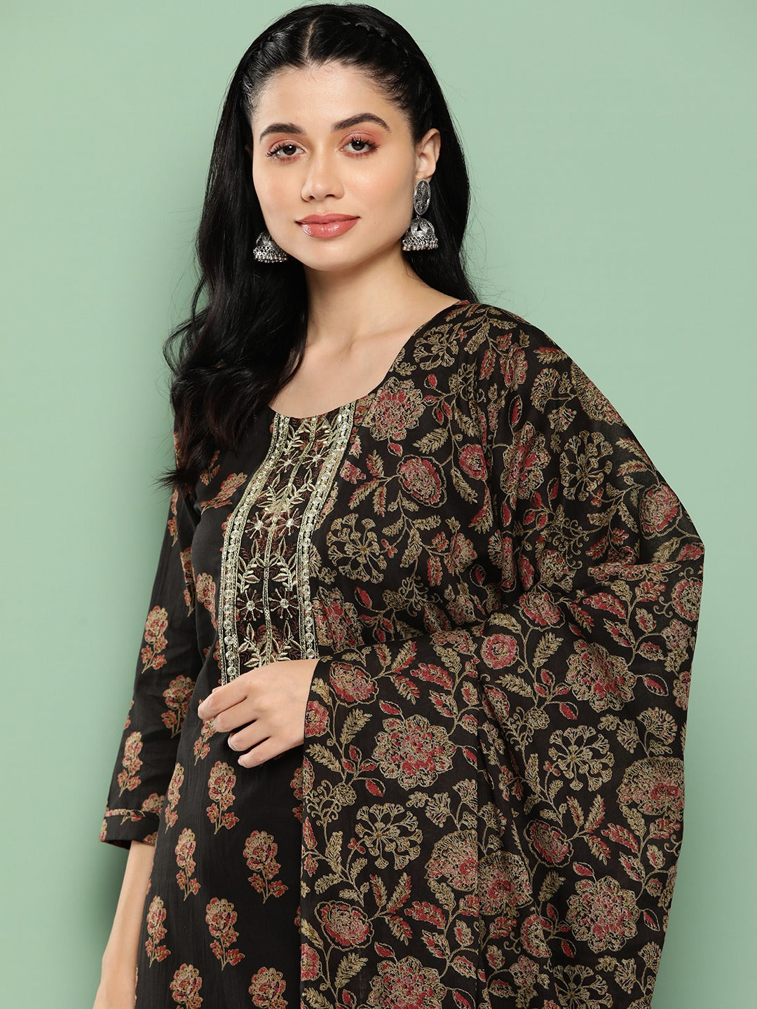 Brown Floral Embroidered Gotta Patti Pure Cotton Kurta with Trousers & Dupatta Set-Yufta Store-1447SKDBRS