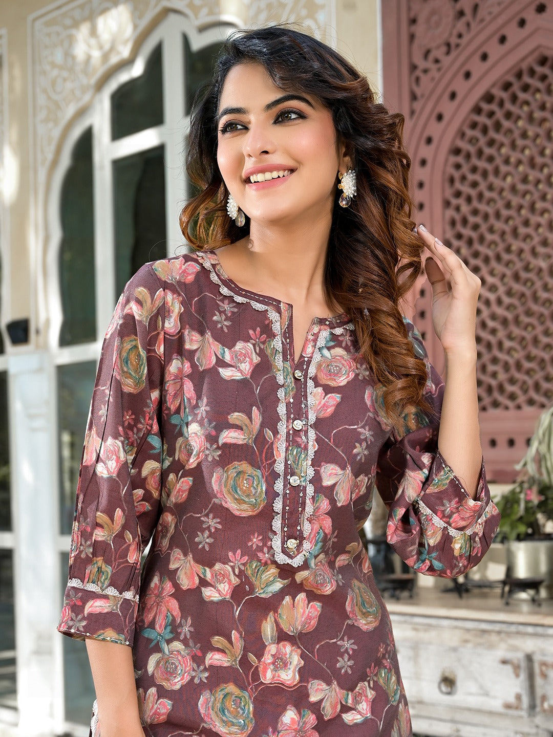 Brown Floral Print,Patch_Work Straight Kurta Trouser Set-Yufta Store-1884SETBRS