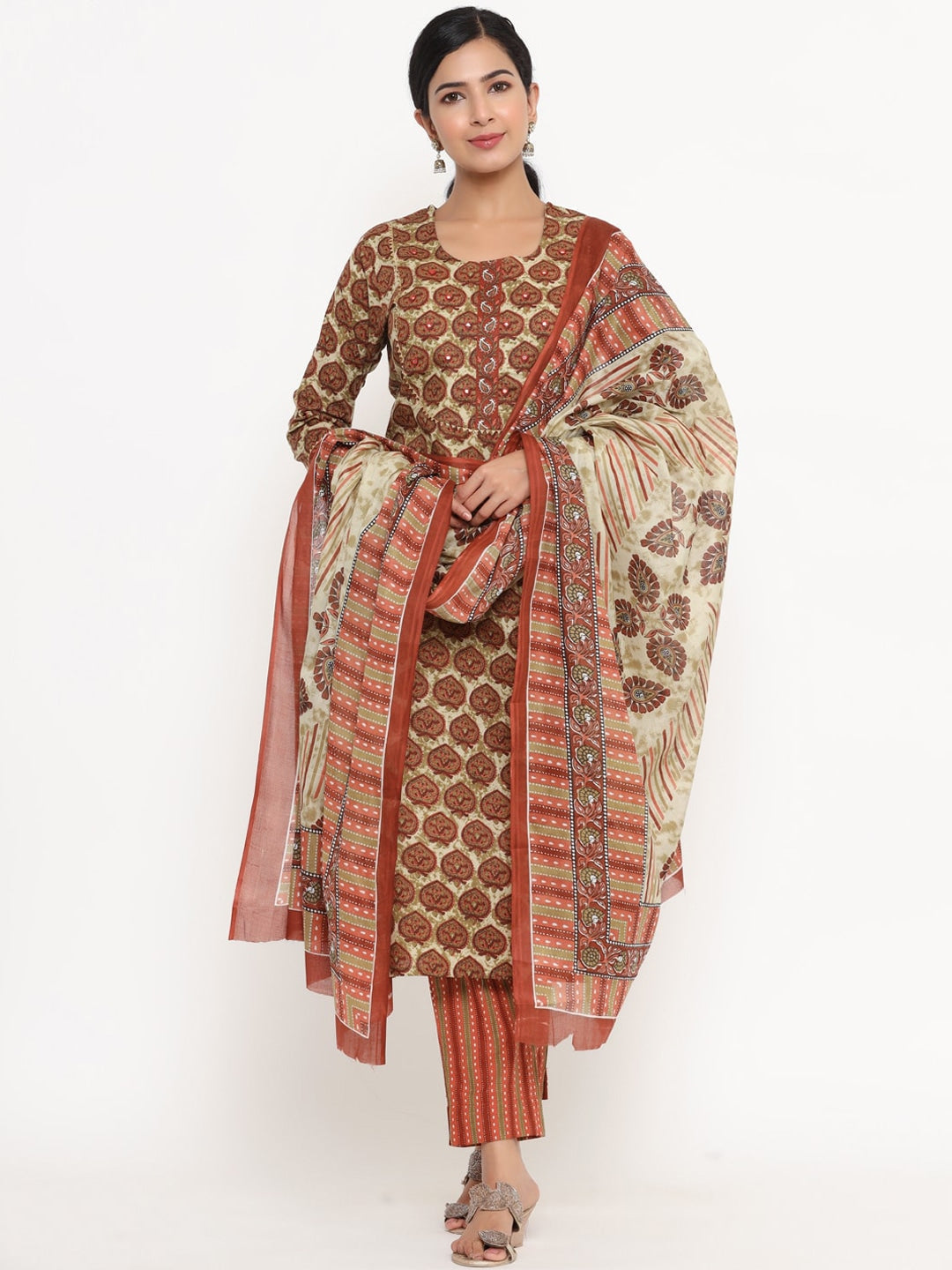 Brown Geometric Printed Dupatta Set