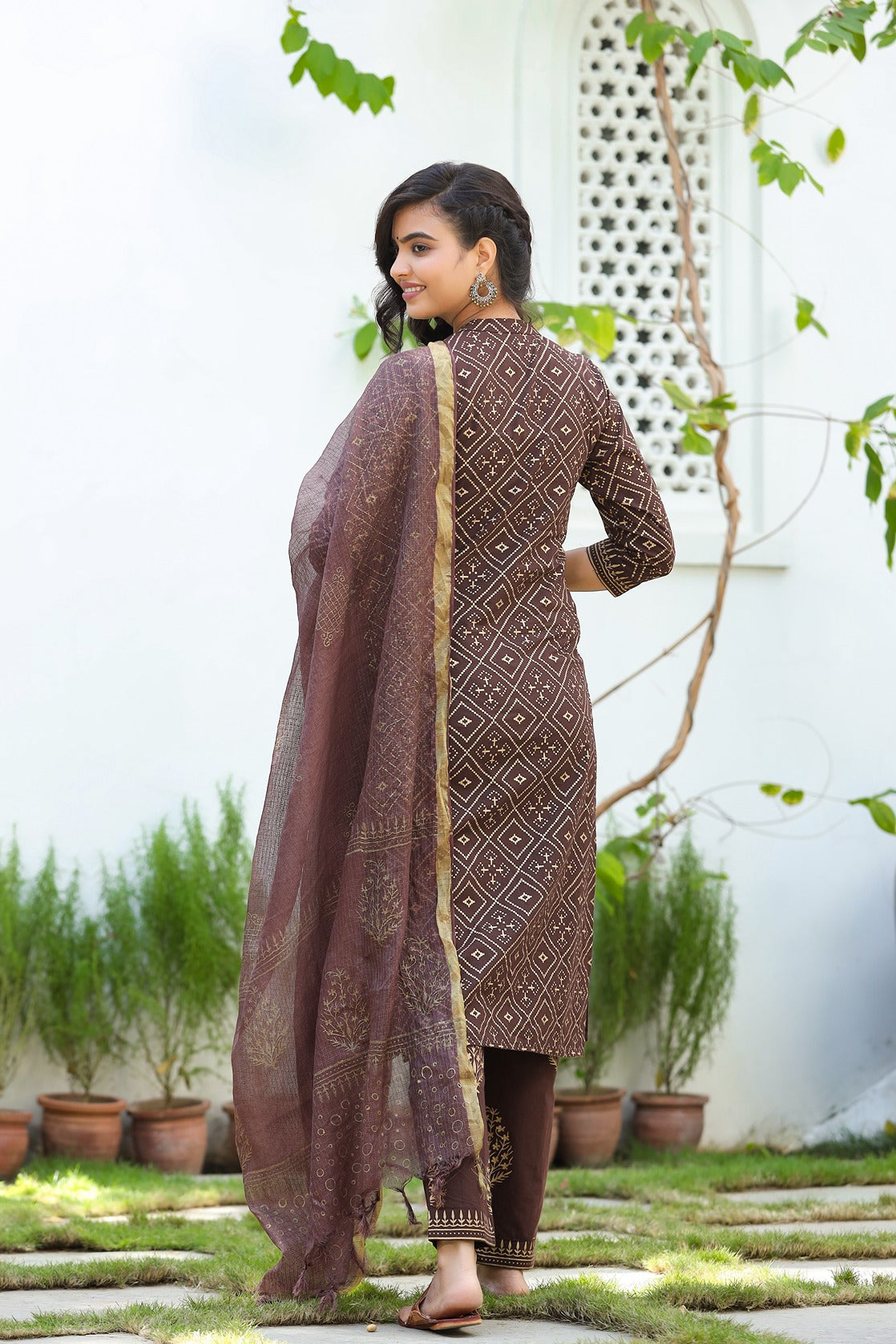 Brown & Gold Printed Dupatta Set-Yufta Store-9226SKDBRS