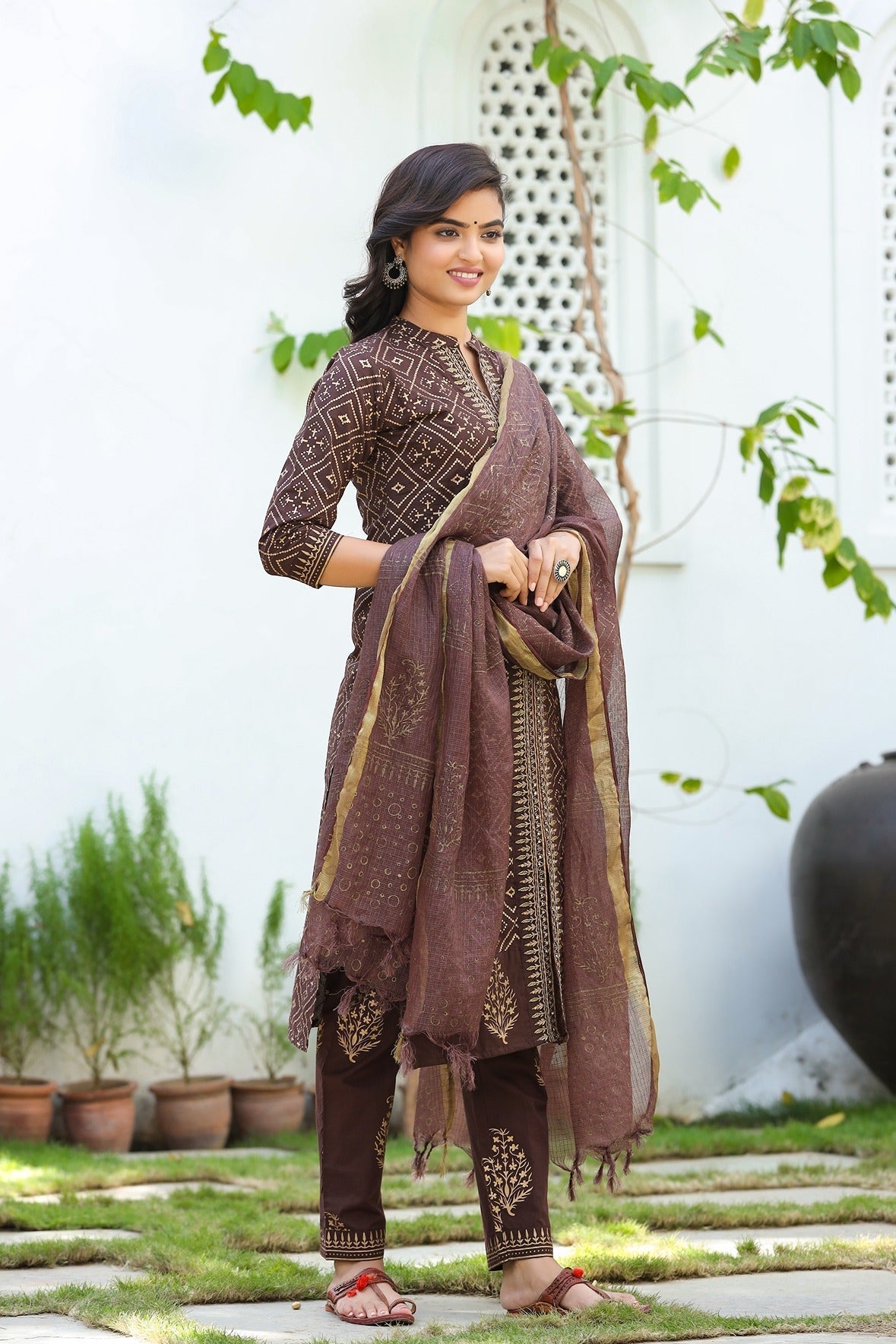 Brown & Gold Printed Dupatta Set-Yufta Store-9226SKDBRS