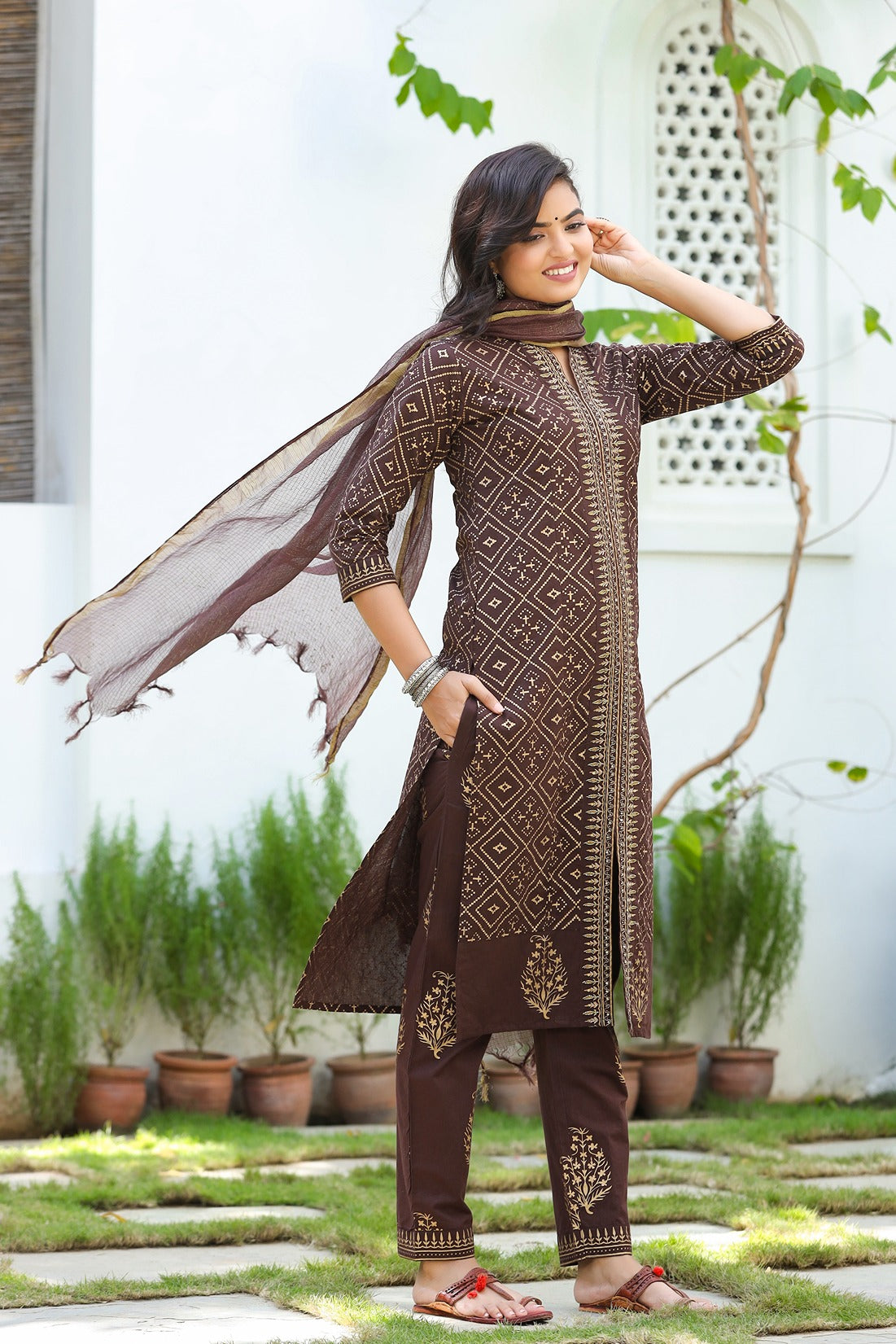 Brown & Gold Printed Dupatta Set-Yufta Store-9226SKDBRS