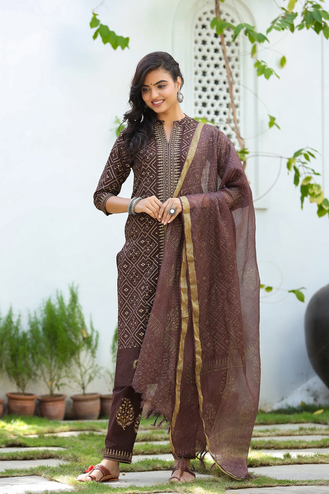 Brown & Gold Printed Dupatta Set-Yufta Store-9226SKDBRS