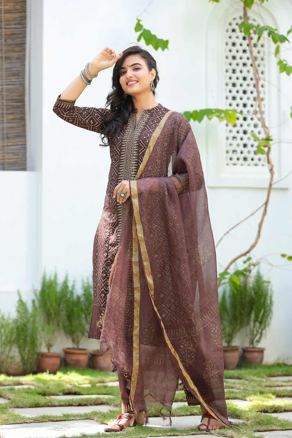 Brown & Gold Printed Dupatta Set-Yufta Store-9226SKDBRS