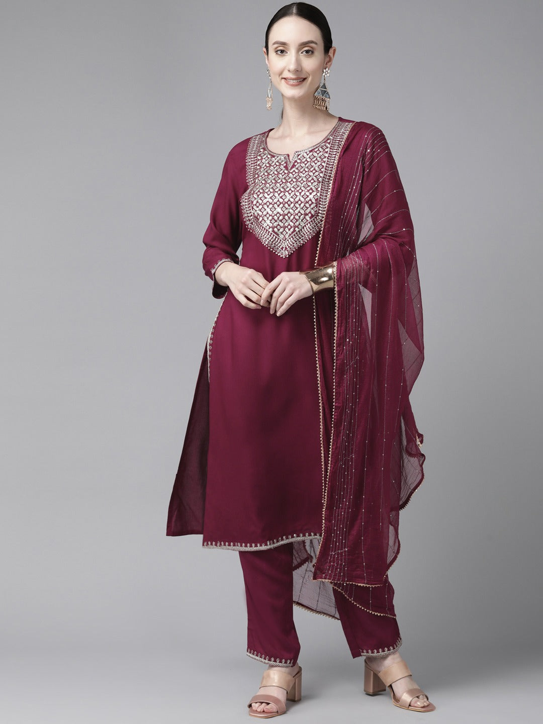 Burgundy Gotta-Patti Cotton Kurti Pant With Dupatta Set-Yufta Store-9969SKDBUGS