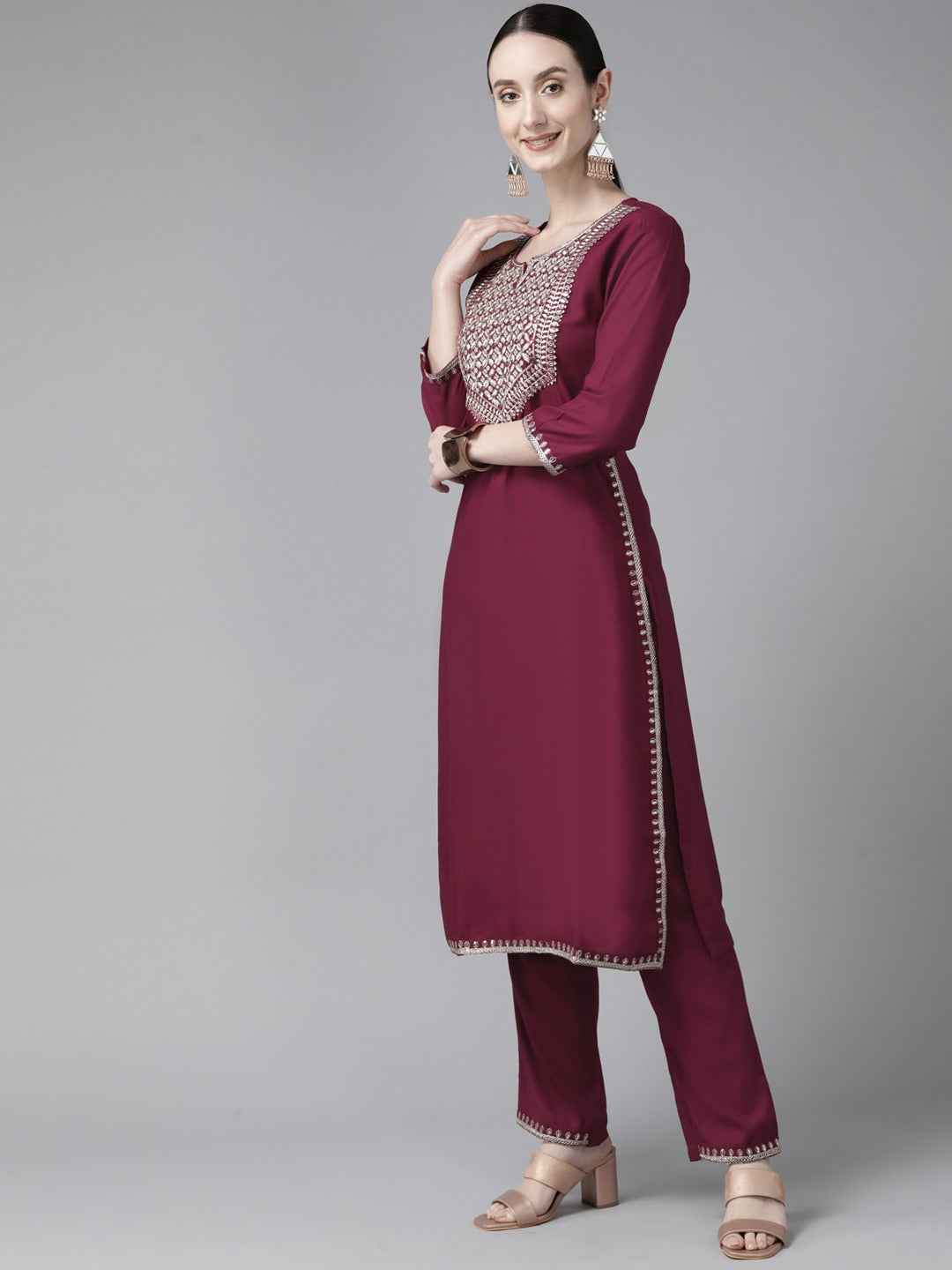 Burgundy Gotta-Patti Cotton Kurti Pant With Dupatta Set-Yufta Store-9969SKDBUGS