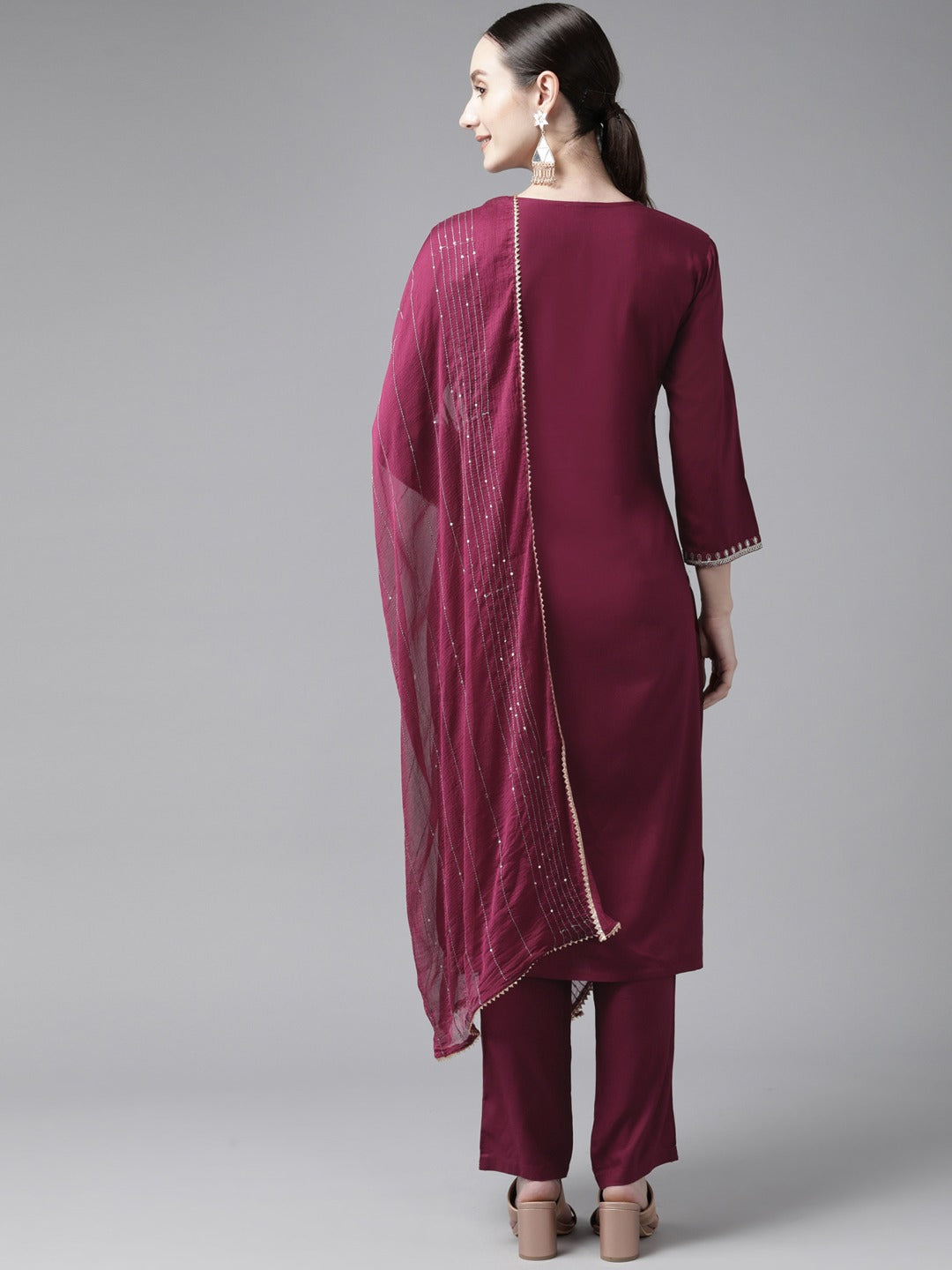 Burgundy Gotta-Patti Cotton Kurti Pant With Dupatta Set-Yufta Store-9969SKDBUGS