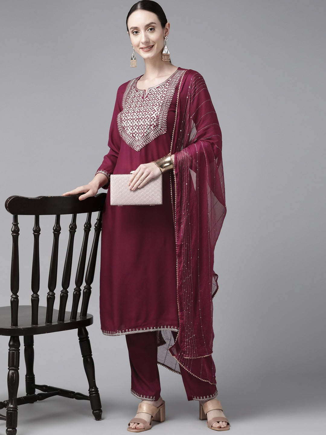 Burgundy Gotta-Patti Cotton Kurti Pant With Dupatta Set-Yufta Store-9969SKDBUGS