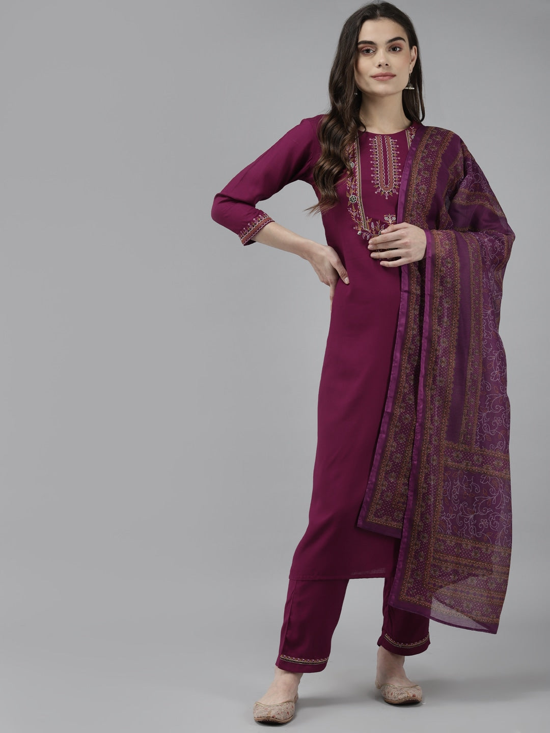 Burgundy & Mustard Ethnic Dupatta Set-Yufta Store-9375SKDPRS