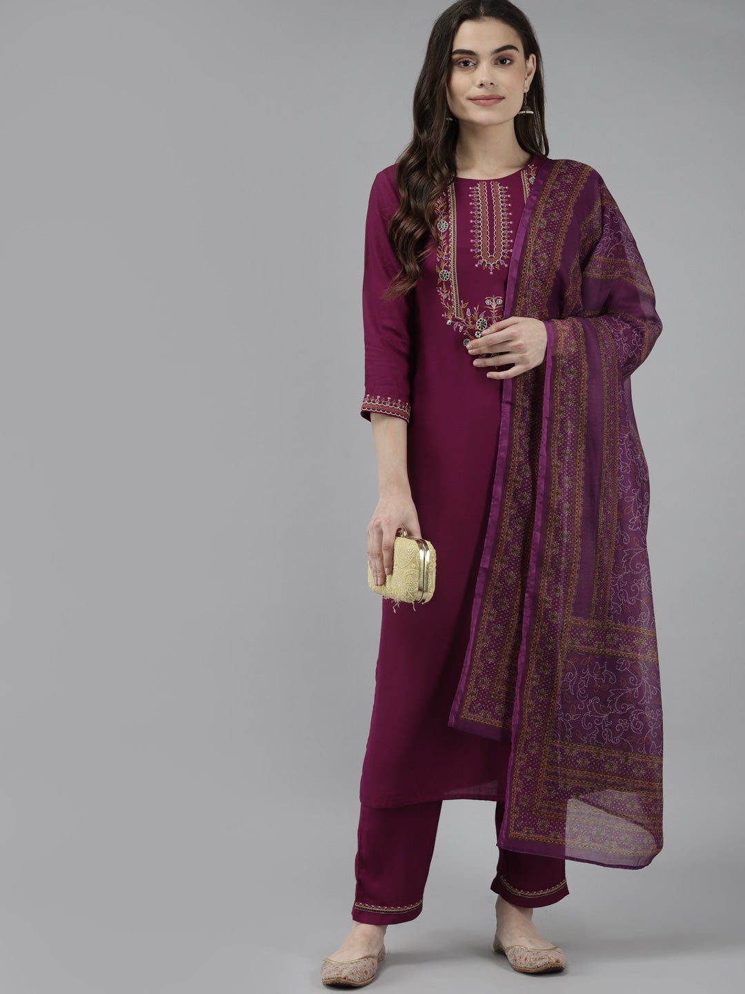 Burgundy & Mustard Ethnic Dupatta Set-Yufta Store-9375SKDPRS