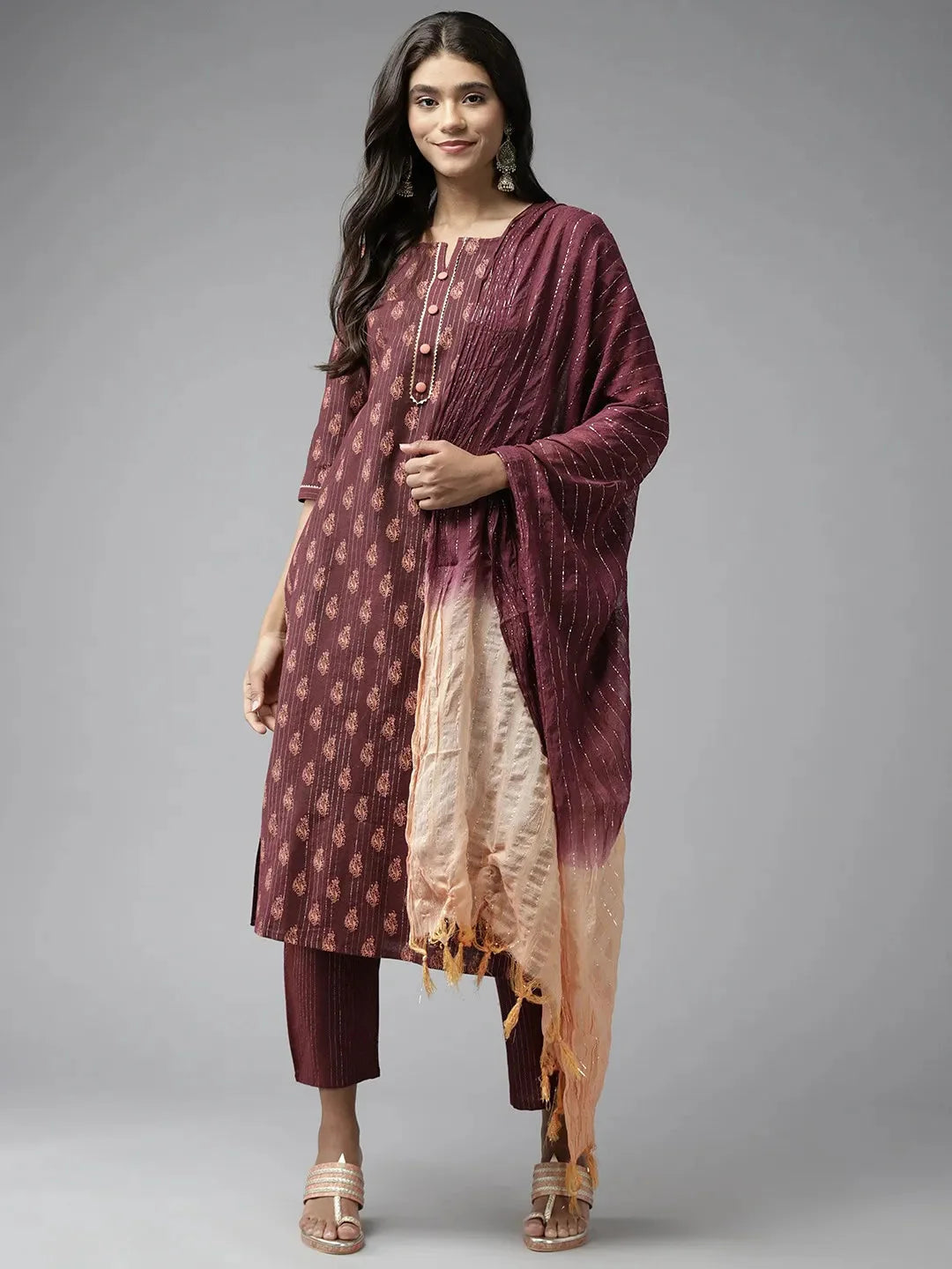 Burgundy Printed Gotta Patti Dupatta Set-Yufta Store-9730SKDBRS