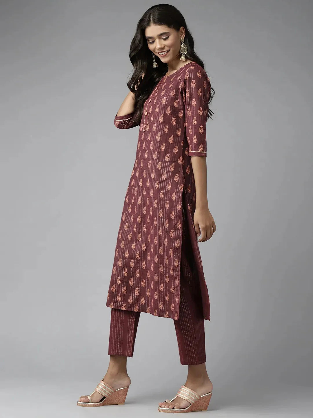 Burgundy Printed Gotta Patti Dupatta Set-Yufta Store-9730SKDBRS