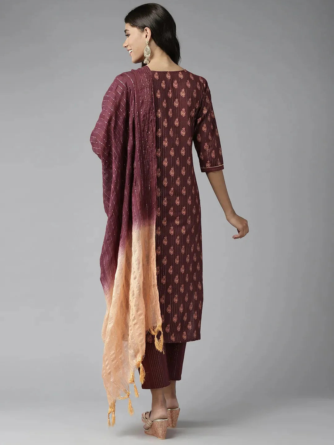 Burgundy Printed Gotta Patti Dupatta Set-Yufta Store-9730SKDBRS