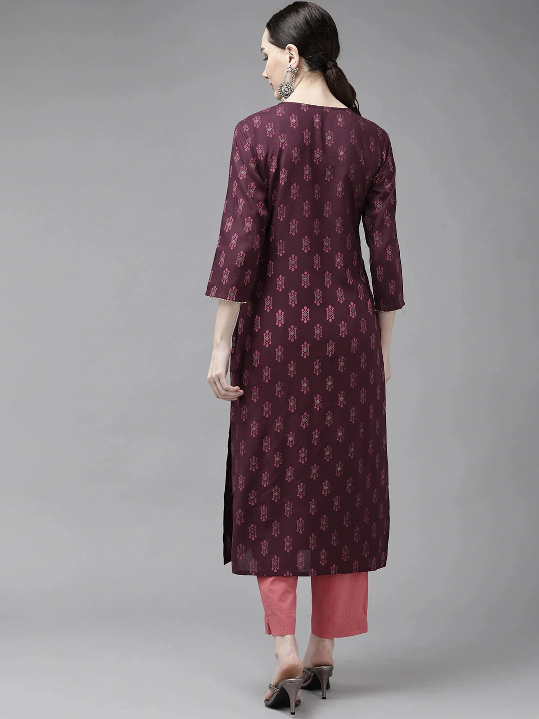 Burgundy Printed Thread Work Kurta