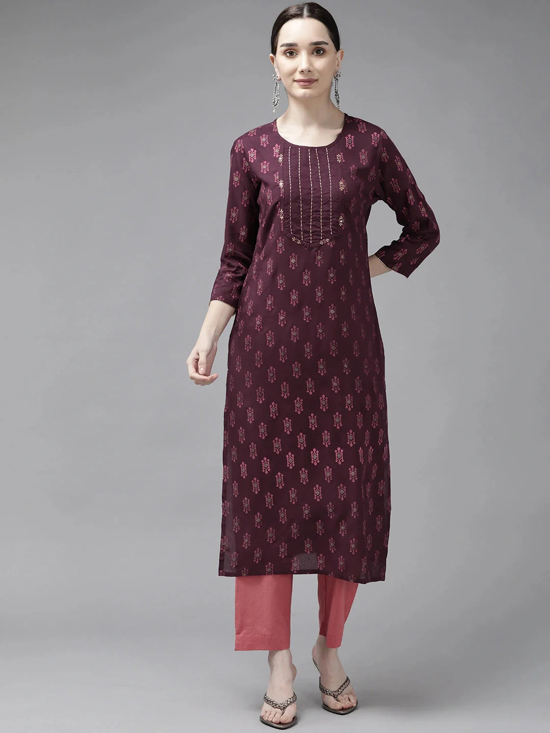 Burgundy Printed Thread Work Kurta