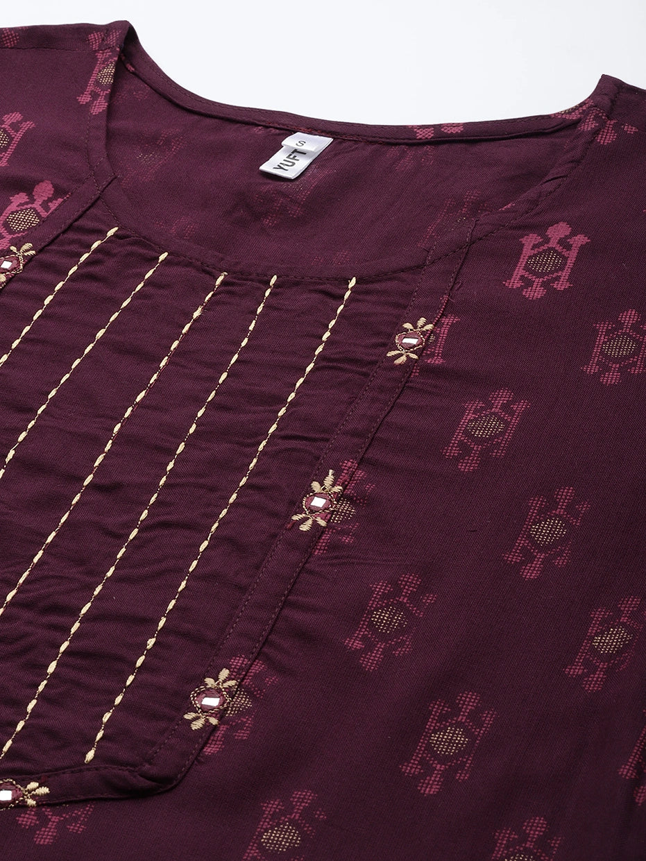 Burgundy Printed Thread Work Kurta