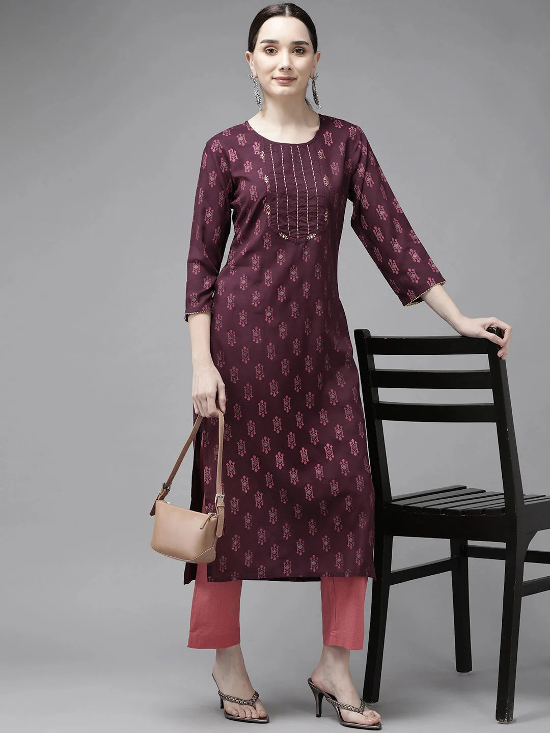 Burgundy Printed Thread Work Kurta