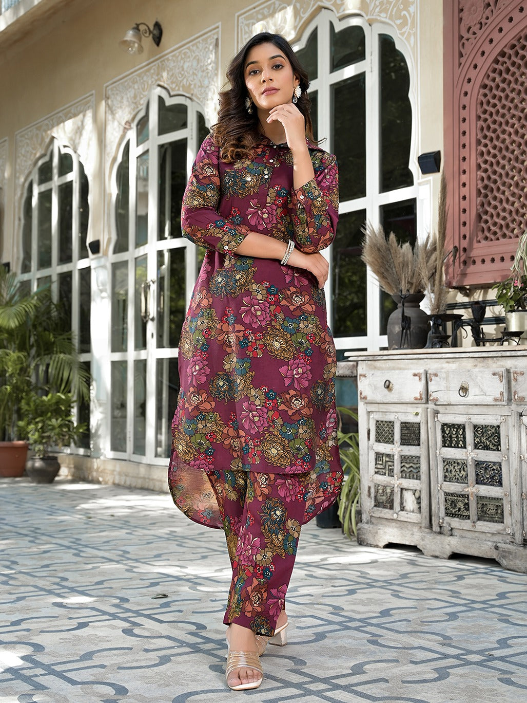 Burgundy Silk blend Floral Print Co-ord set-Yufta Store-1826CRDBUGM