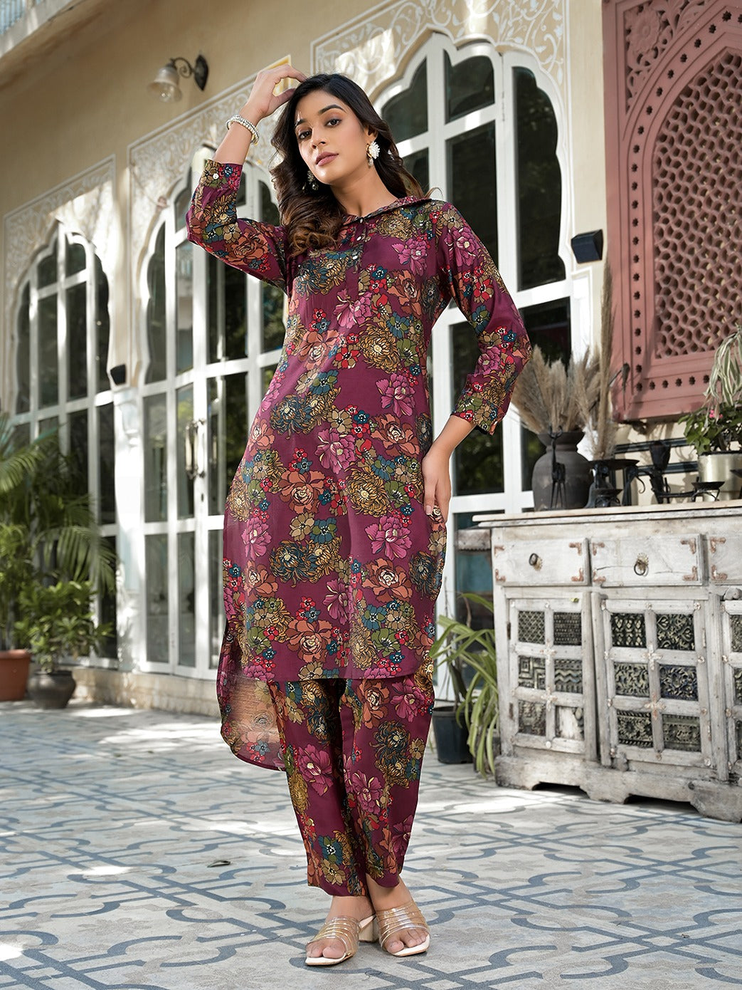 Burgundy Silk blend Floral Print Co-ord set-Yufta Store-1826CRDBUGM