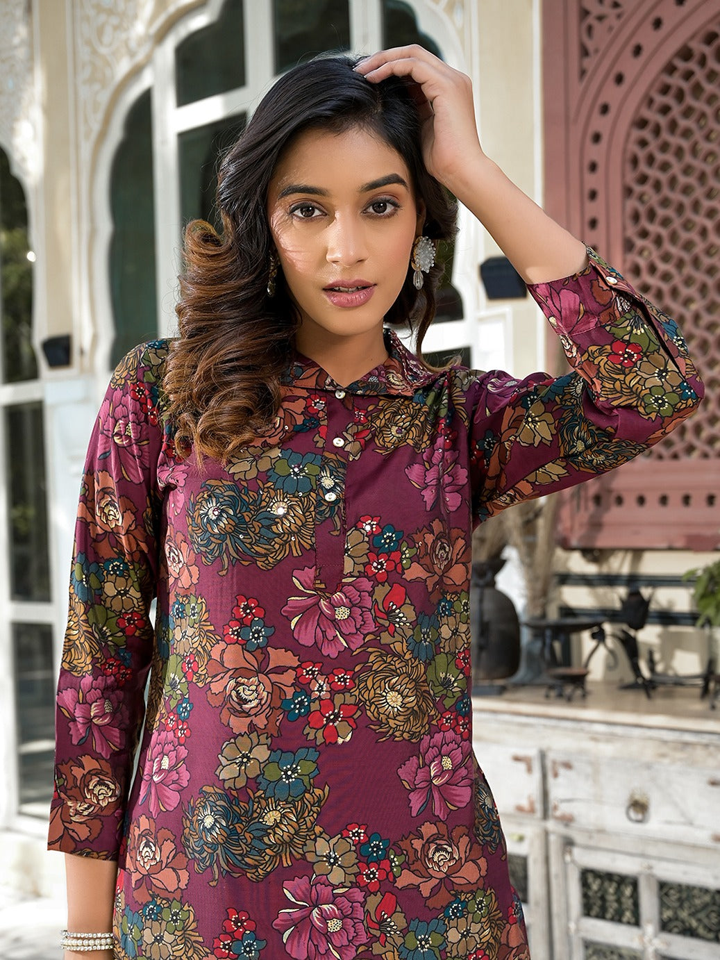 Burgundy Silk blend Floral Print Co-ord set-Yufta Store-1826CRDBUGM