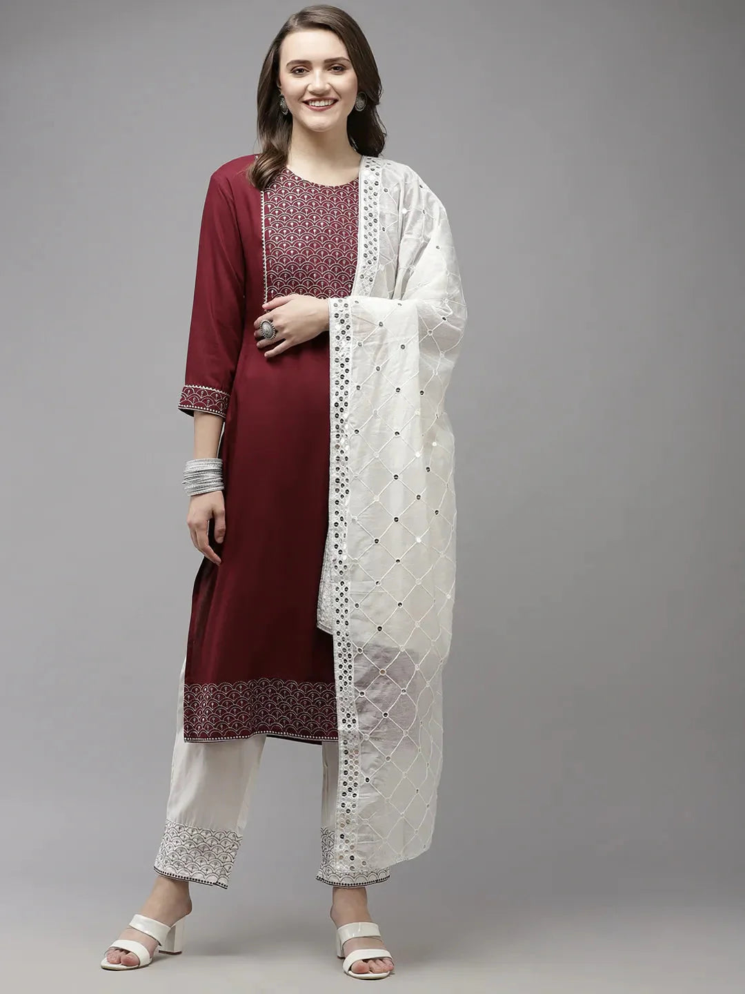 Burgundy Yoke Design Dupatta Set-Yufta Store-2030SKDWNS