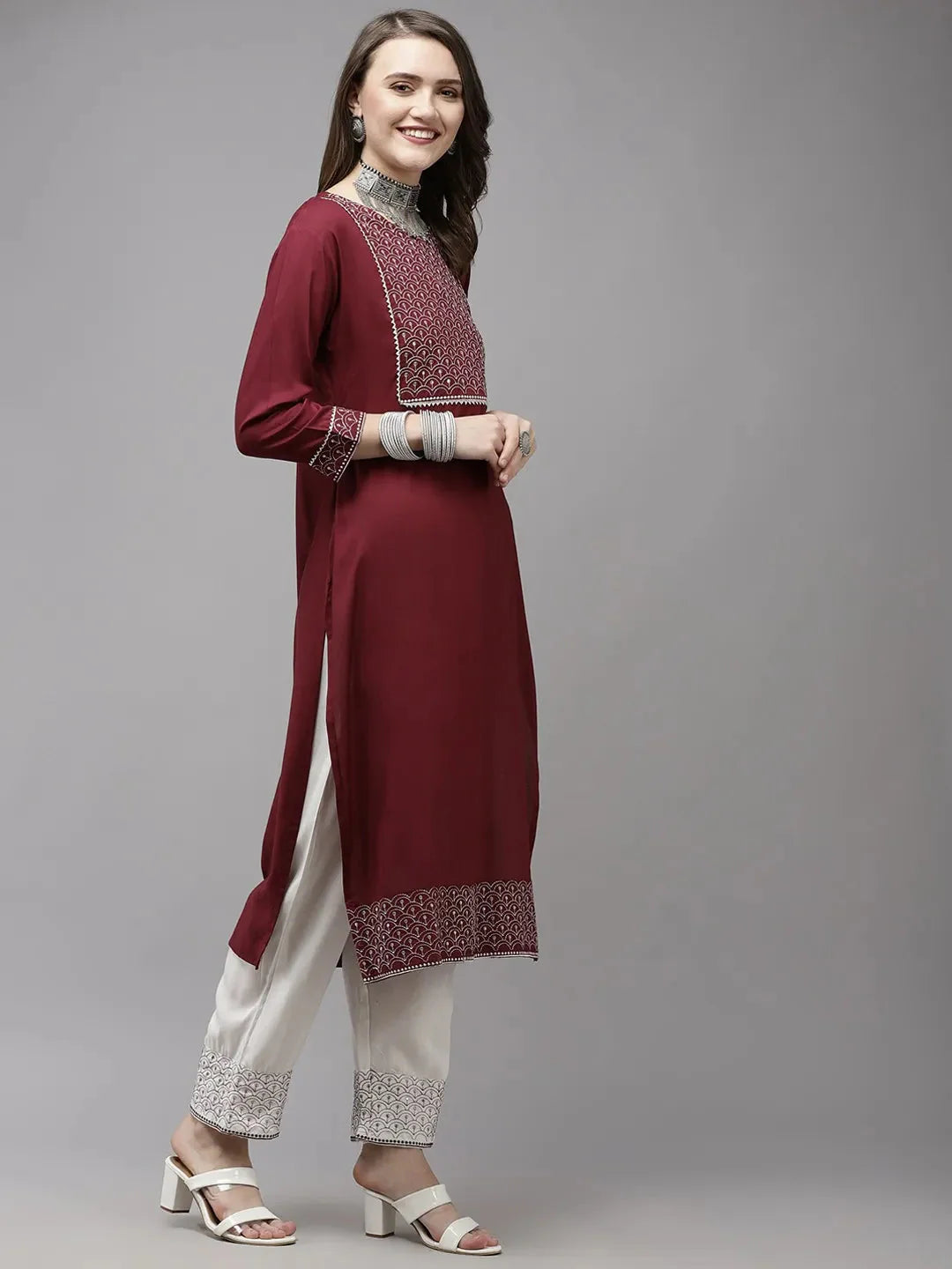 Burgundy Yoke Design Dupatta Set-Yufta Store-2030SKDWNS