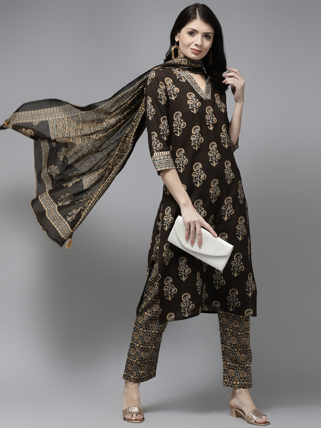 Coffee Brown Ethnic Motifs Printed Dupatta Set