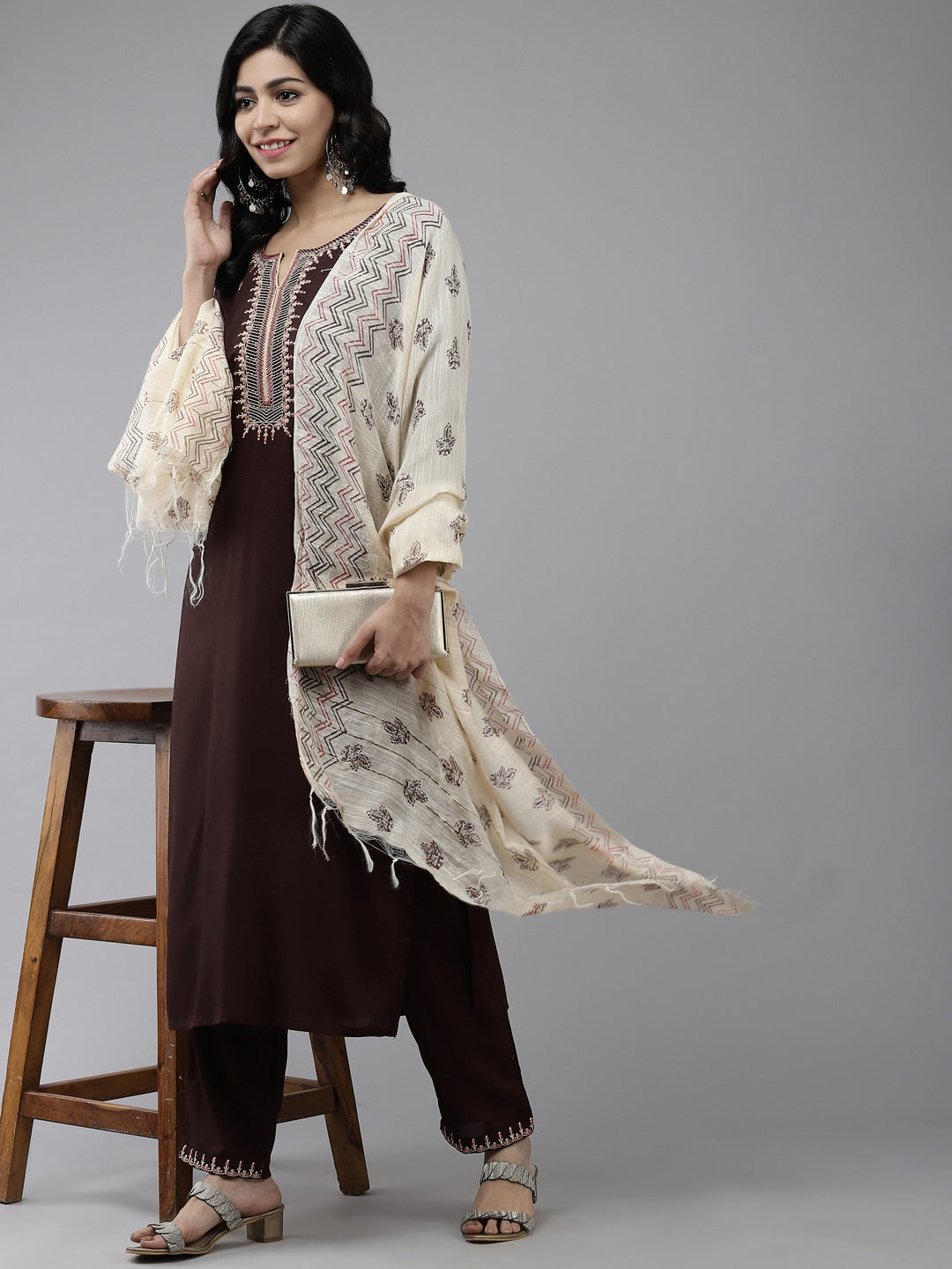 Coffee Brown Yoke Design Dupatta Set