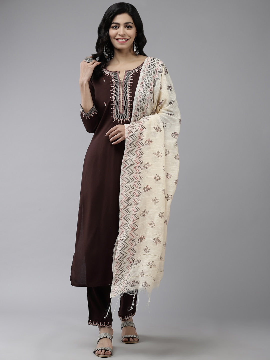 Coffee Brown Yoke Design Dupatta Set