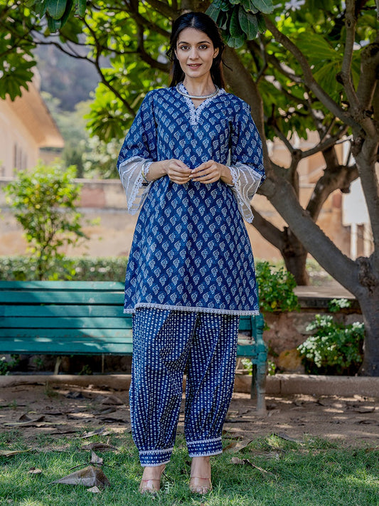 Cotton Blue Top Harem Pant Co-Ord Set-Yufta Store-1473CRDBLS